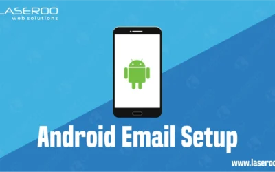 Android phone with a white screen showing the green Android mascot on a blue gradient background with the text “Android Email Setup”