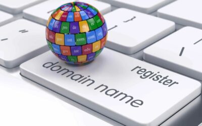 White keyboard with a 'register domain name' button and a globe showing colorful domain extensions like .com and .org, representing the process of registering a domain online.