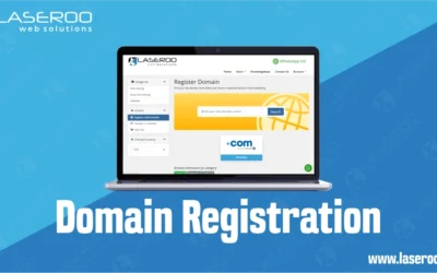 Laptop showing Laseroo’s domain registration page on a vibrant dual-tone blue background with the words “Domain Registration”