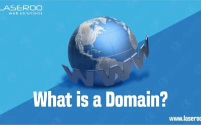 Globe with “www” wrapped around the front and the text “What is a domain” on a blue gradient background.