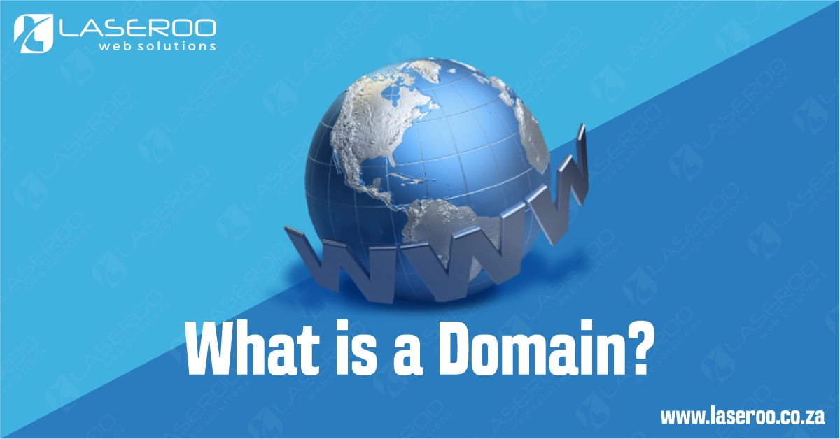 Globe with “www” wrapped around the front and the text “What is a domain” on a blue gradient background.