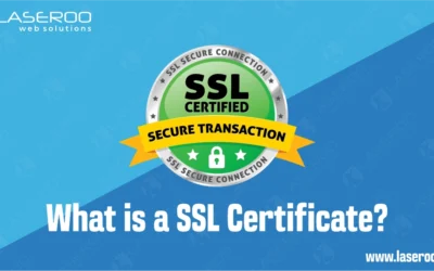 Round badge with a lock and the words “SSL Certificate Secured Transaction” on a blue gradient background with the text “What is a SSL Certificate”.