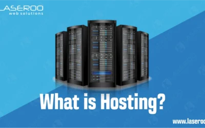 Server stacks with the text “What is hosting” on a blue gradient background