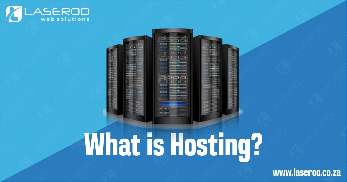 Server stacks with the text “What is hosting” on a blue gradient background