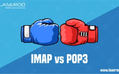 Blue and red boxing gloves facing off with the text “IMAP vs POP3” on a blue gradient background.