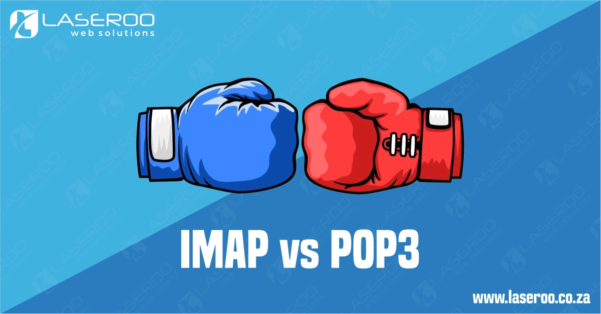 Blue and red boxing gloves facing off with the text “IMAP vs POP3” on a blue gradient background.