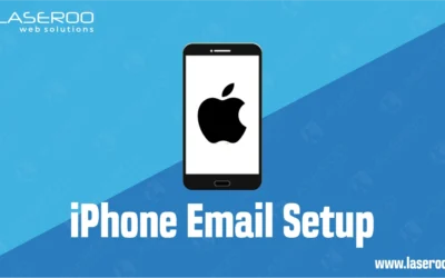 iPhone with a white screen displaying the Apple logo on a blue gradient background with the text “iPhone Email Setup”