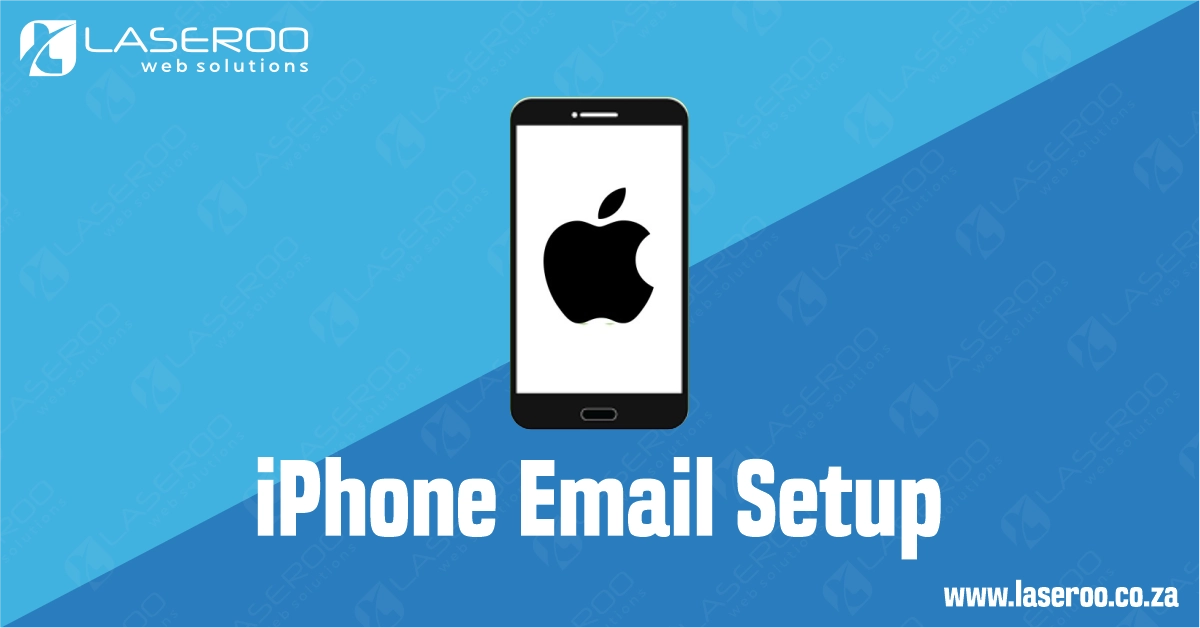 iPhone with a white screen displaying the Apple logo on a blue gradient background with the text “iPhone Email Setup”