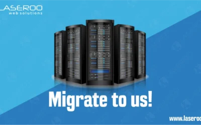 Server stacks with the text “Migrate to us” on a blue gradient background.