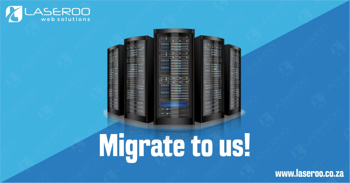 Server stacks with the text “Migrate to us” on a blue gradient background.