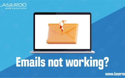 Laptop screen showing a broken envelope email icon on a blue gradient fill background with the text “Why is my email not working?