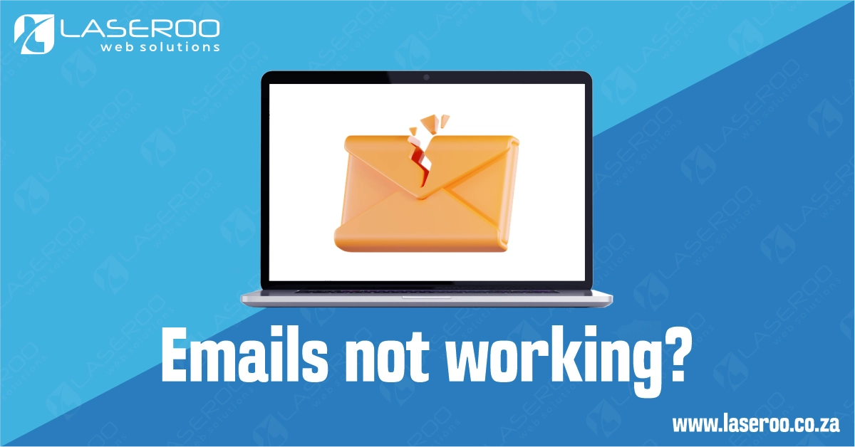 Laptop screen showing a broken envelope email icon on a blue gradient fill background with the text “Why is my email not working?