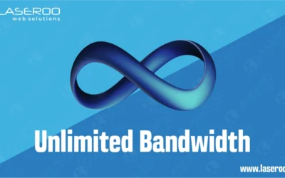 Blue infinity loop with the text “What is Unlimited Bandwidth” on a blue gradient background with the text Unlimited Bandwidth.