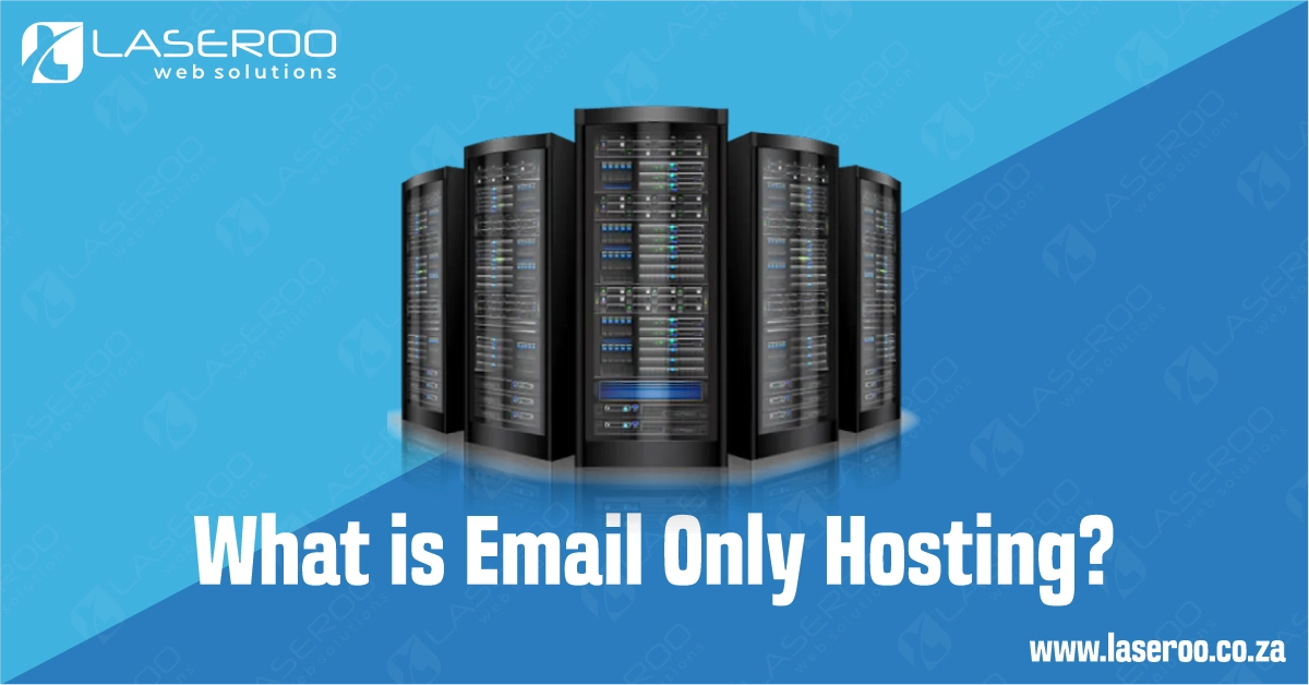 Server units arranged side-by-side with one in front, featuring the text “What is Email Only Hosting” on a blue gradient background.