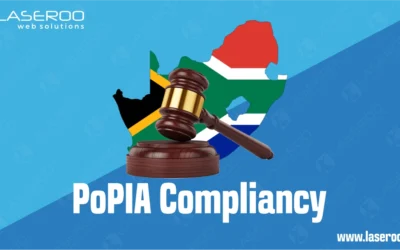 Outline of South Africa filled with the national flag, layered with a brown wooden gavel, set against a bold blue gradient background with the text “PoPIA Compliancy”