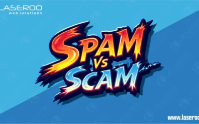 Text “Spam vs Scam” on a blue gradient background.