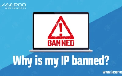 Laptop screen showing a white caution triangle with “banned” text on a blue gradient fill background — Laseroo Web Solutions Bloemfontein.
