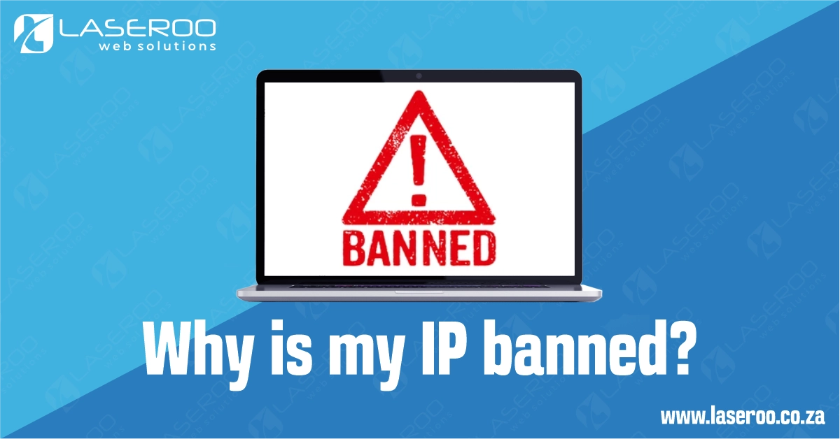 Laptop screen showing a white caution triangle with “banned” text on a blue gradient fill background — Laseroo Web Solutions Bloemfontein.